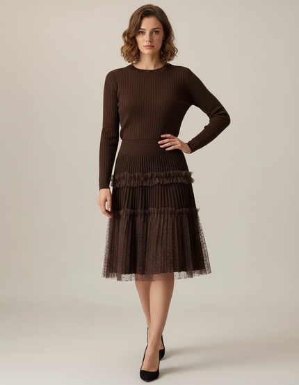 Jupe Plissée Marron Dentelle Chic