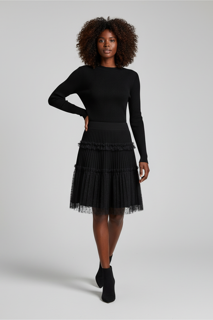 Jupe Plissée noire maille plumetis chic
