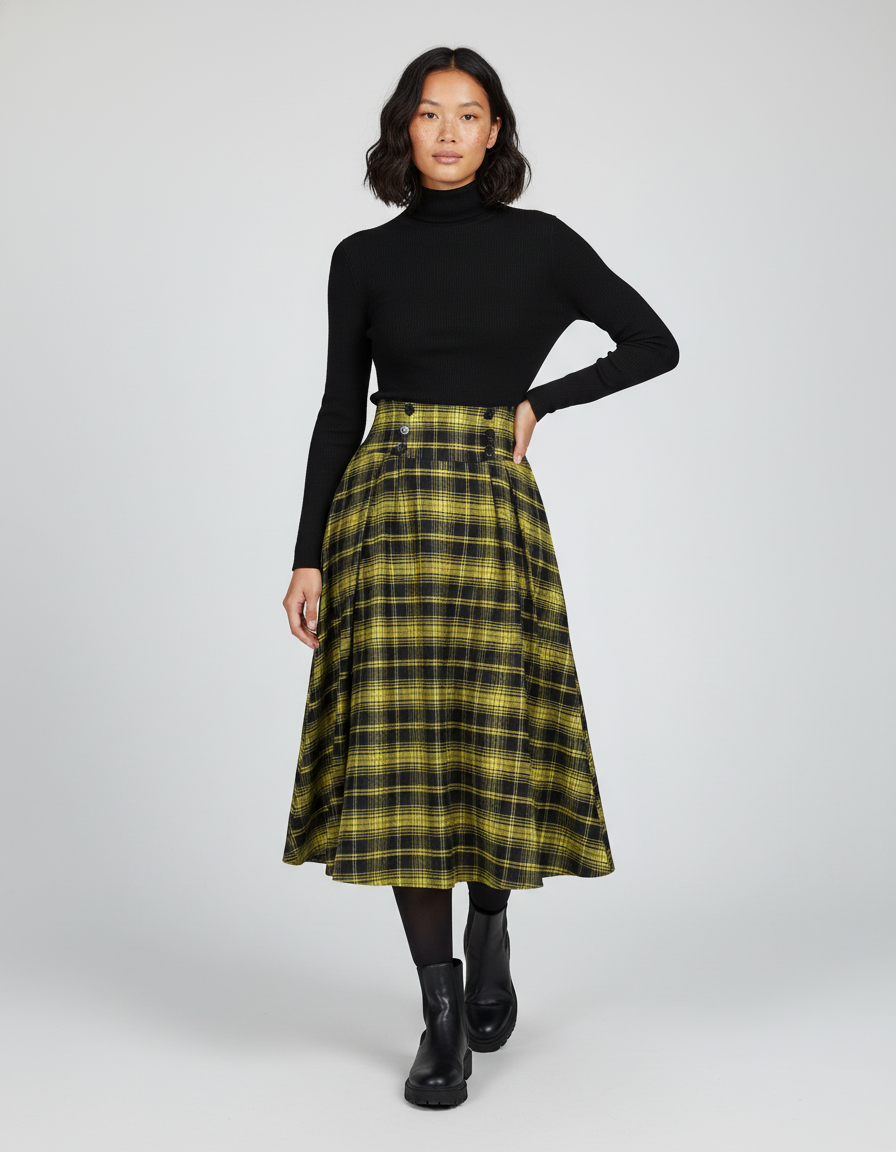 Jupe Plissée Jaune Écossais Vintage