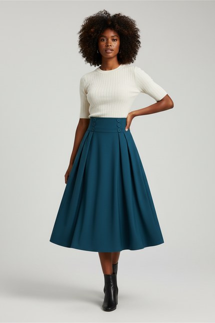 Jupe Plissée bleu canard taille haute vintage