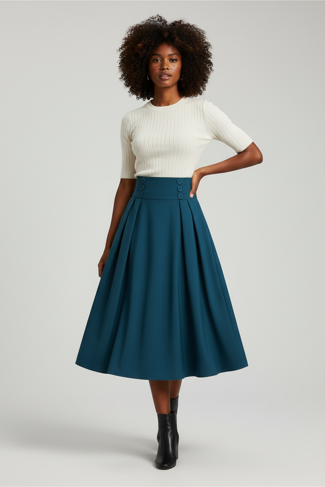 Jupe Plissée bleu canard taille haute vintage