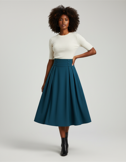 Jupe Plissée bleu canard taille haute vintage