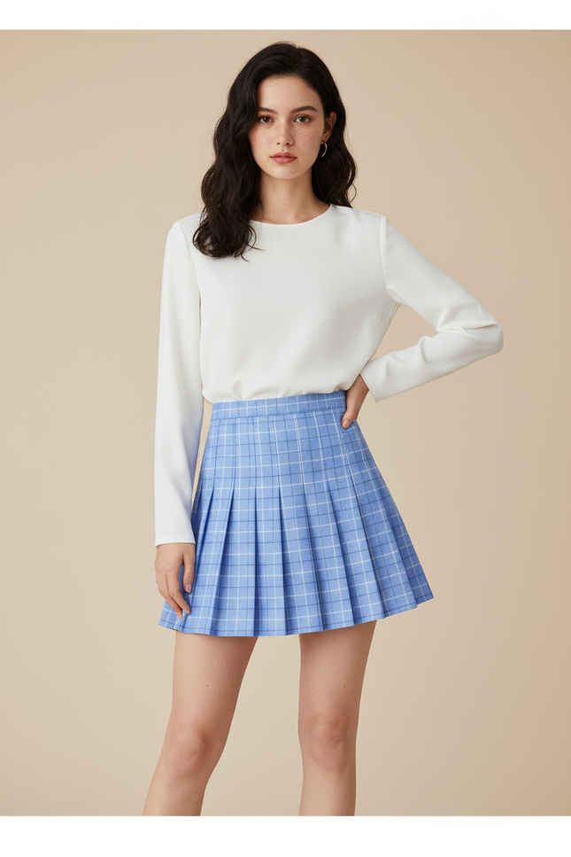 Jupe Plissée bleue à carreaux chic