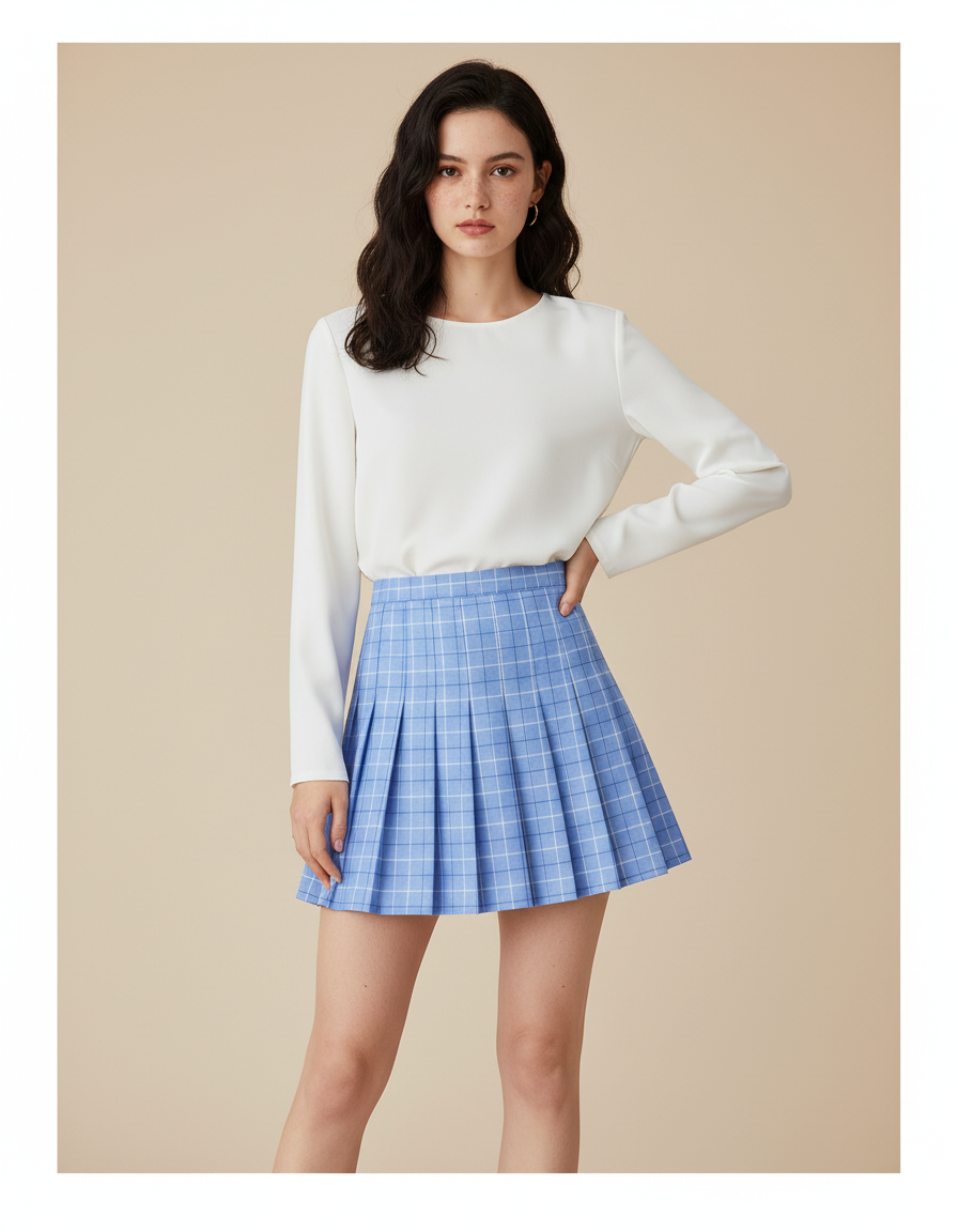 Jupe Plissée bleue à carreaux chic