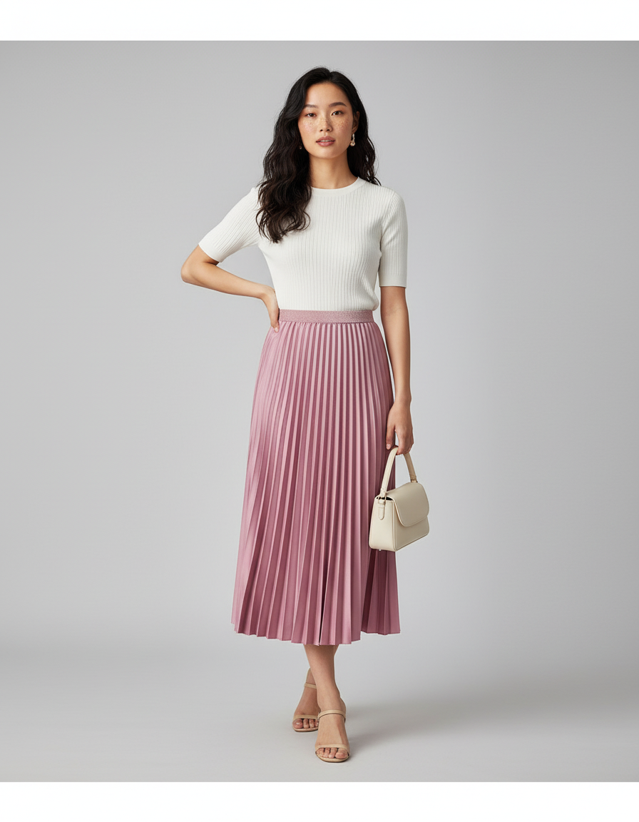 Jupe Plissée rose midi élégante raffinée