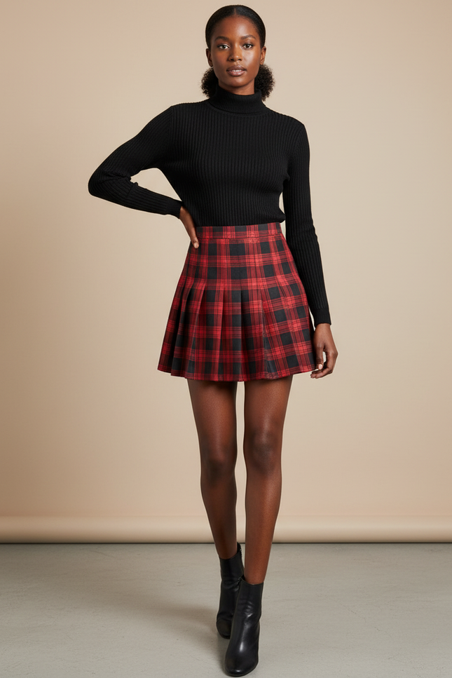 Jupe Plissée Rouge Écossais Mini Chic