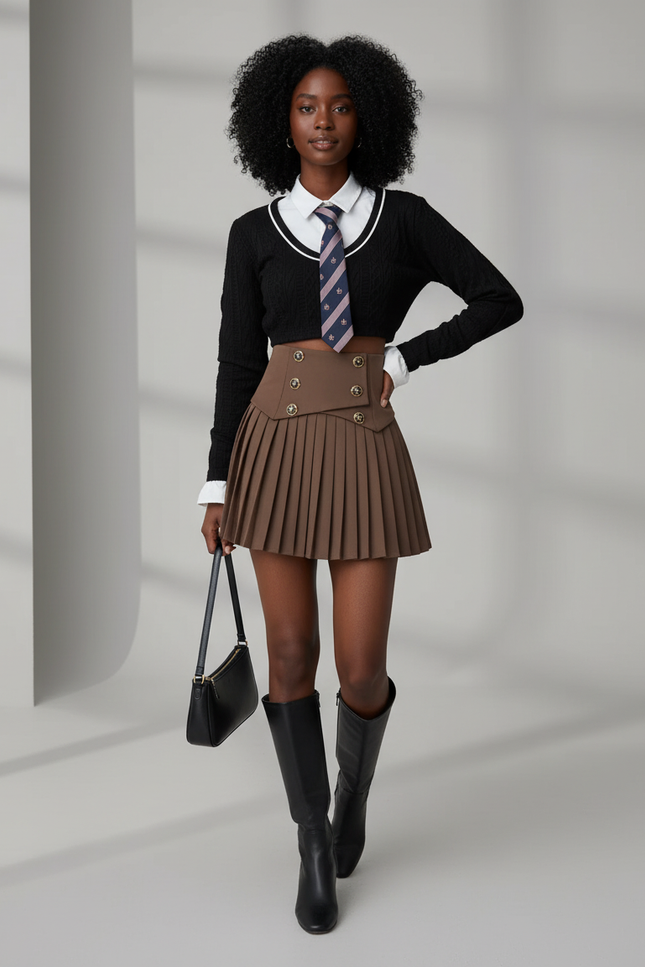 Jupe Plissée marron preppy boutons