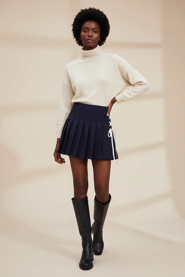 Jupe Plissée bleue marine laçage chic