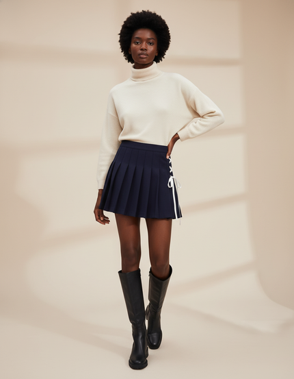 Jupe Plissée bleue marine laçage chic