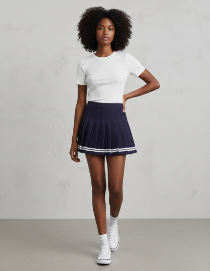 Jupe Plissée Bleu Marine Rayée Décontractée