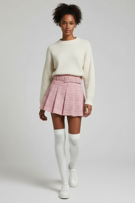 Jupe Plissée rose tweed chic