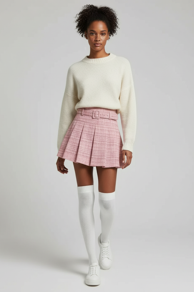 Jupe Plissée rose tweed chic