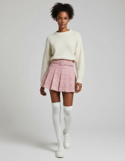 Jupe Plissée rose tweed chic
