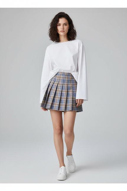 Jupe Plissée Écossaise Chic Bleu Beige