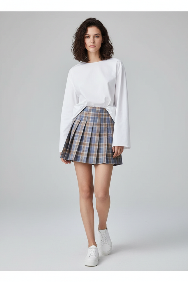 Jupe Plissée Écossaise Chic Bleu Beige