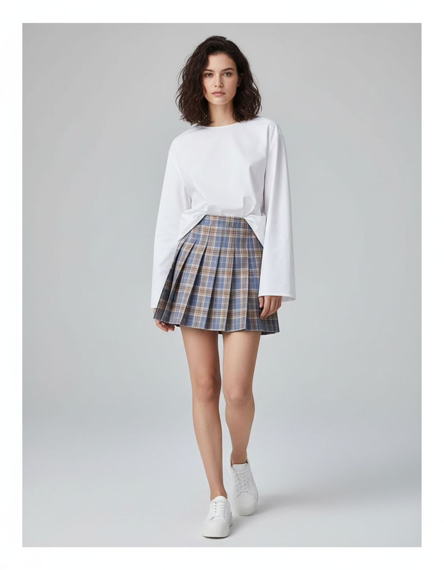 Jupe Plissée Écossaise Chic Bleu Beige