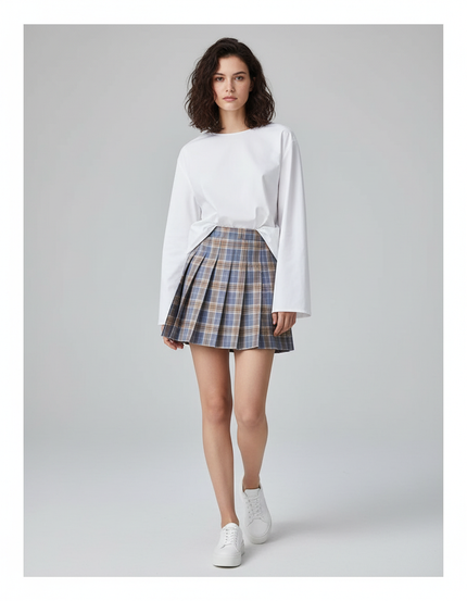 Jupe Plissée Écossaise Chic Bleu Beige