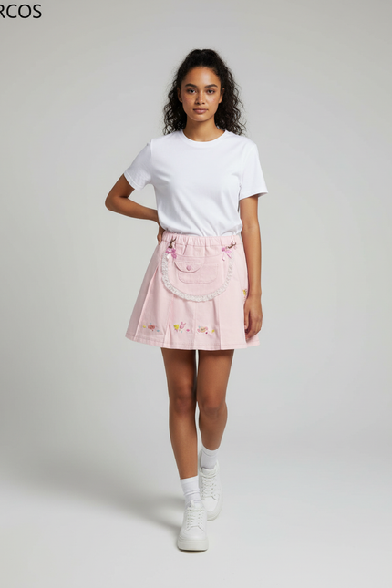 Jupe Plissée rose brodée mignonne