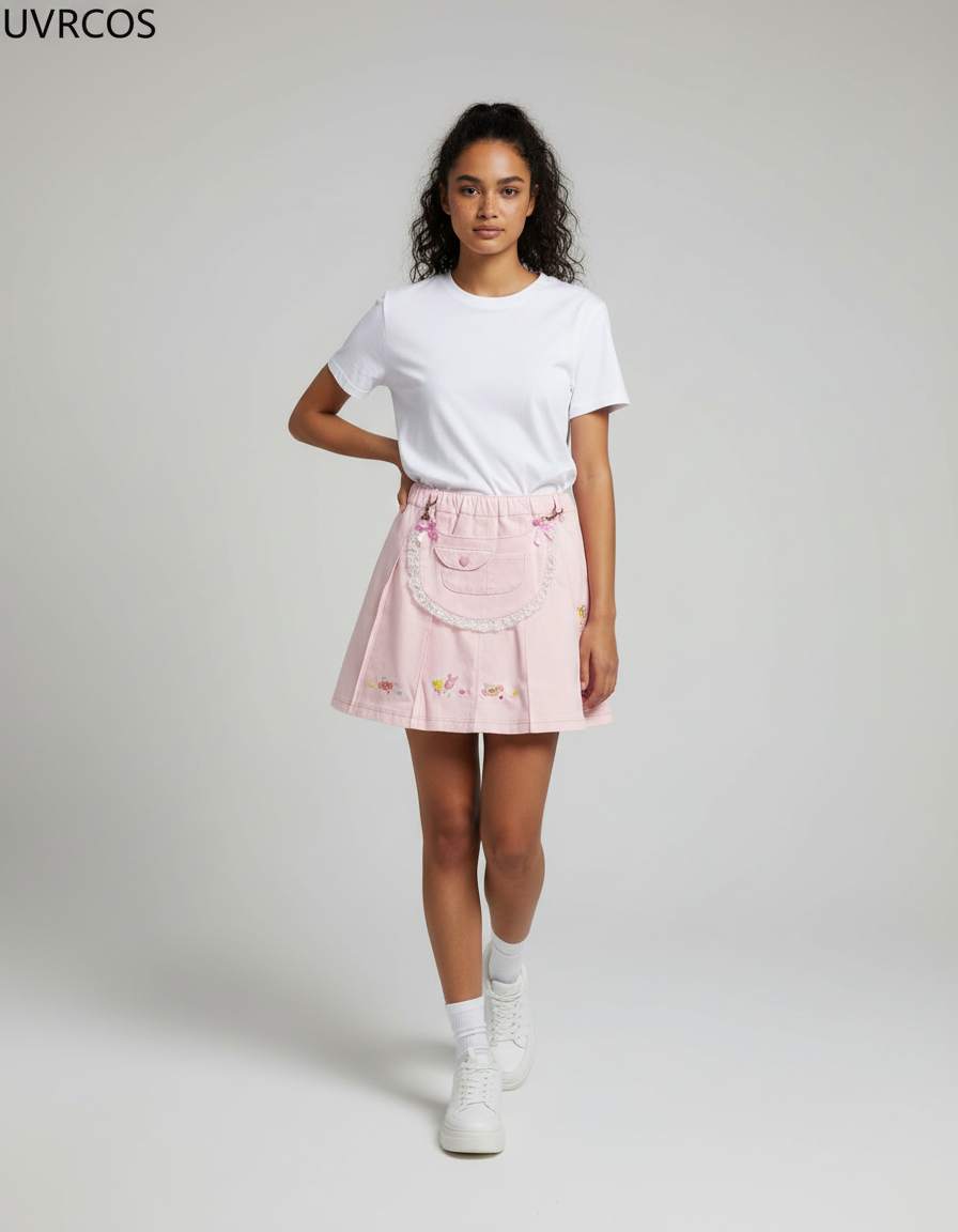 Jupe Plissée rose brodée mignonne