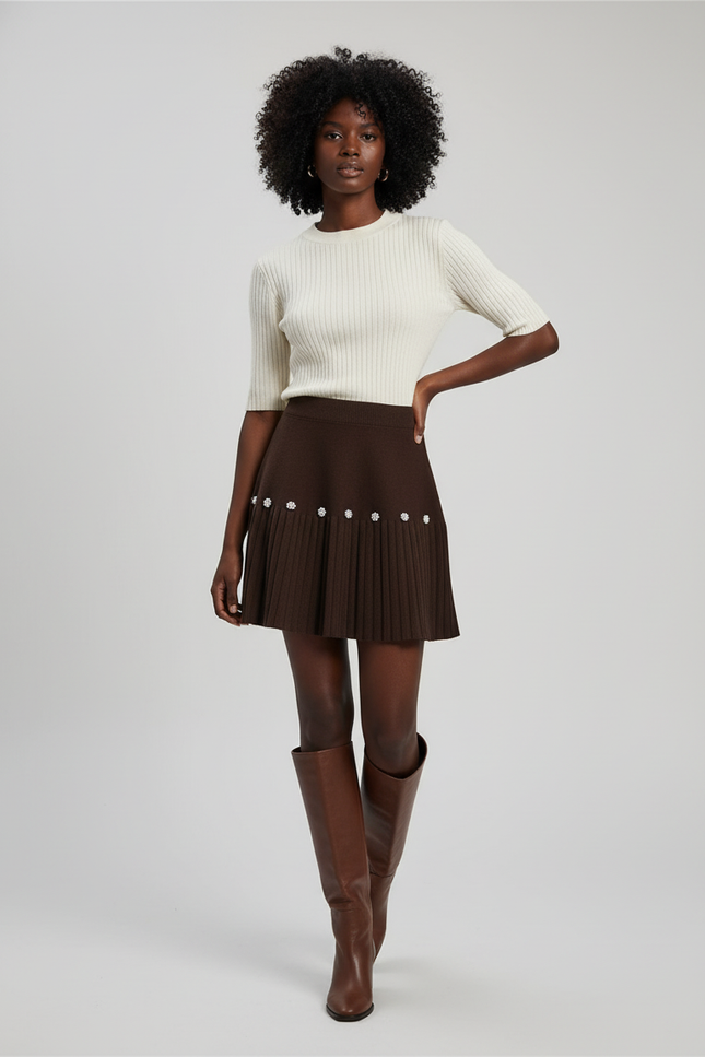 Jupe Plissée Marron Perles Chic