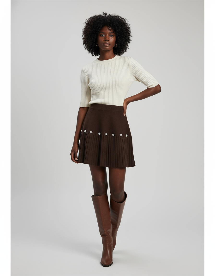 Jupe Plissée Marron Perles Chic