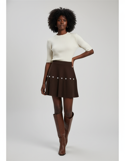 Jupe Plissée Marron Perles Chic