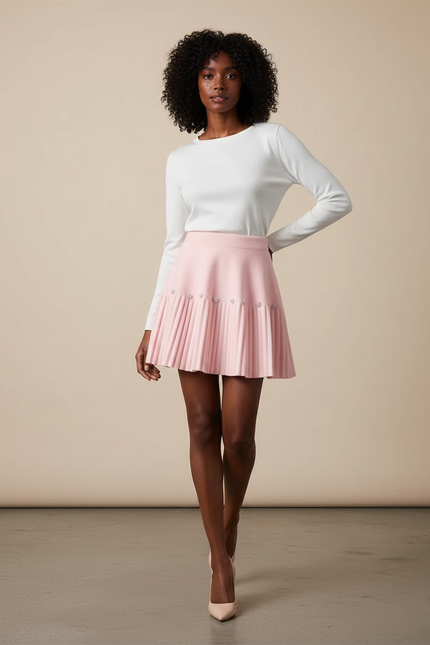 Jupe Plissée rose pâle perles chic