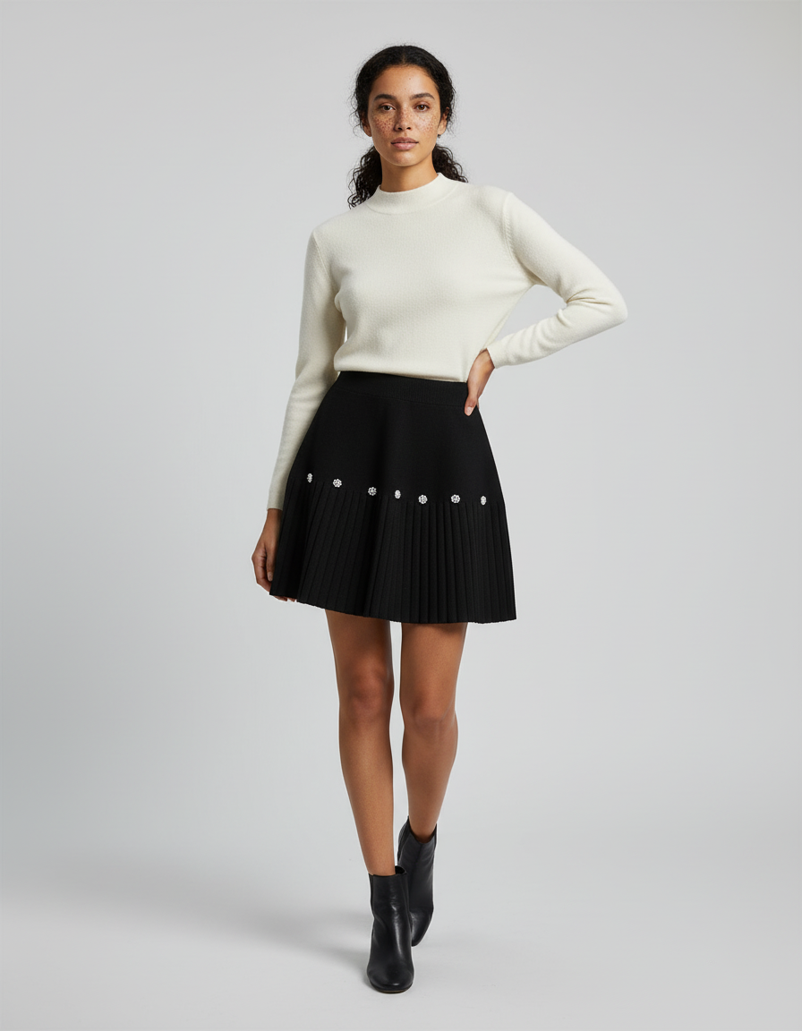Jupe Plissée noire à perles chic
