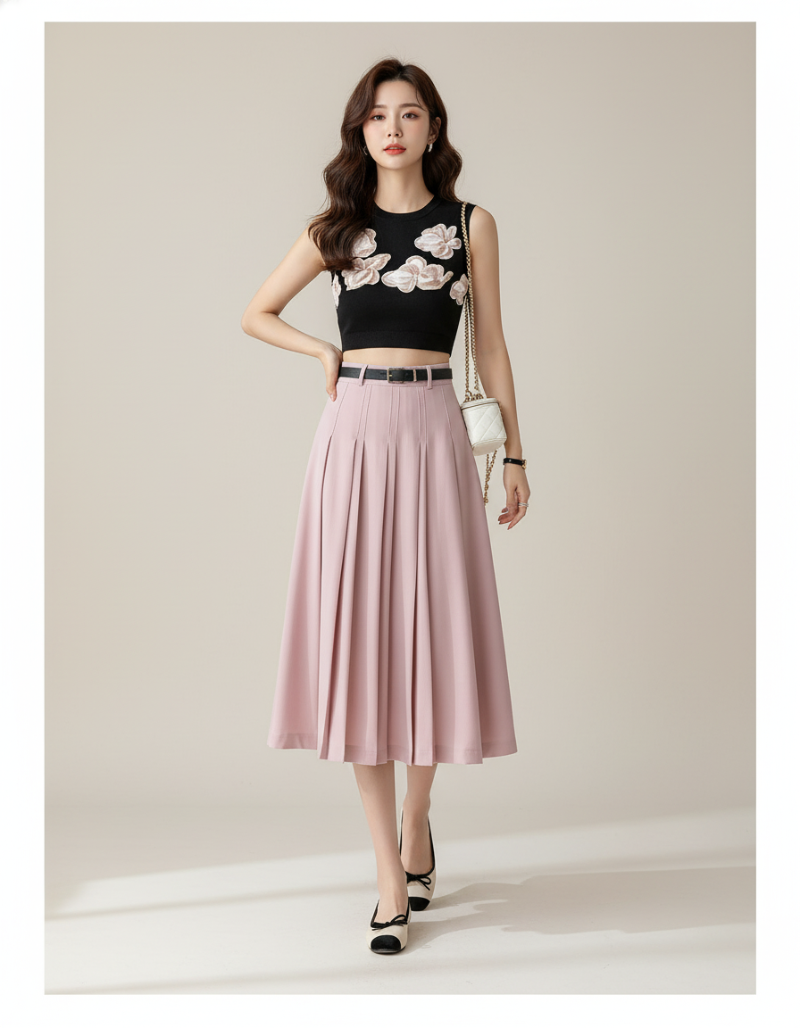 Jupe Plissée rose taille haute élégante