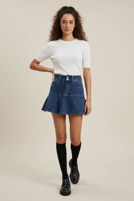 Jupe Plissée Taille Haute Denim Chic