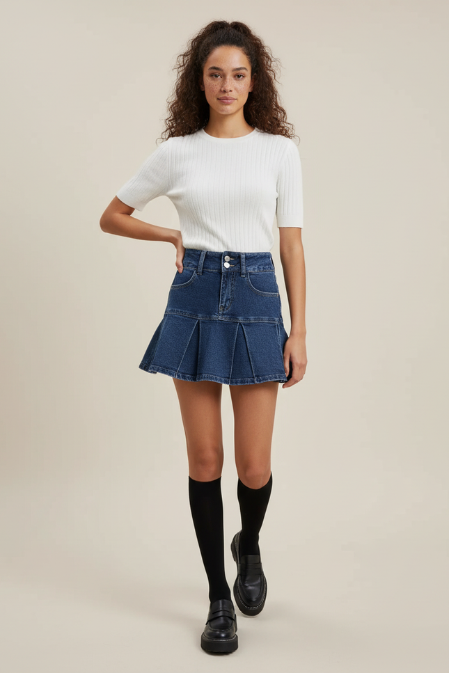 Jupe Plissée Taille Haute Denim Chic