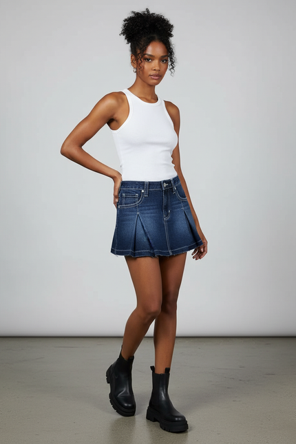 Jupe Plissée denim mini Rétro raffinée