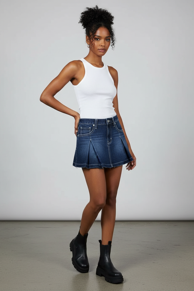 Jupe Plissée denim mini Rétro raffinée