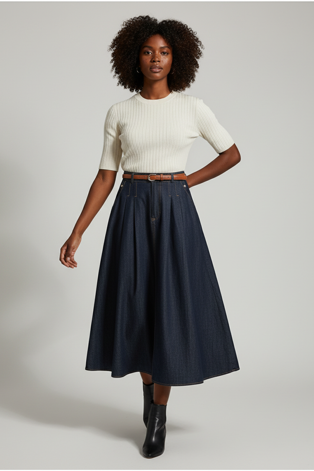 Jupe Plissée Denim Longue Fluide