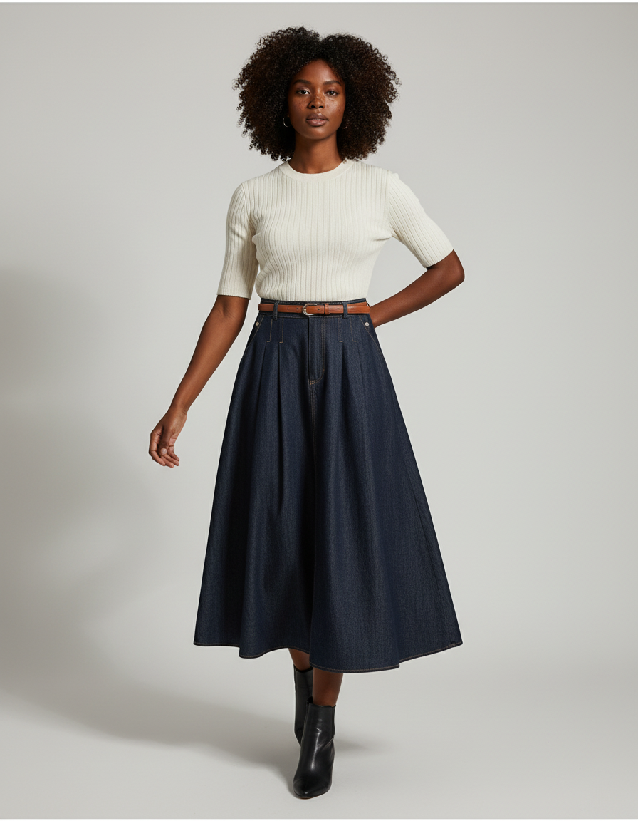 Jupe Plissée Denim Longue Fluide