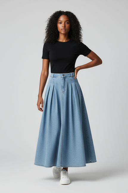 Jupe Plissée denim longue élégante