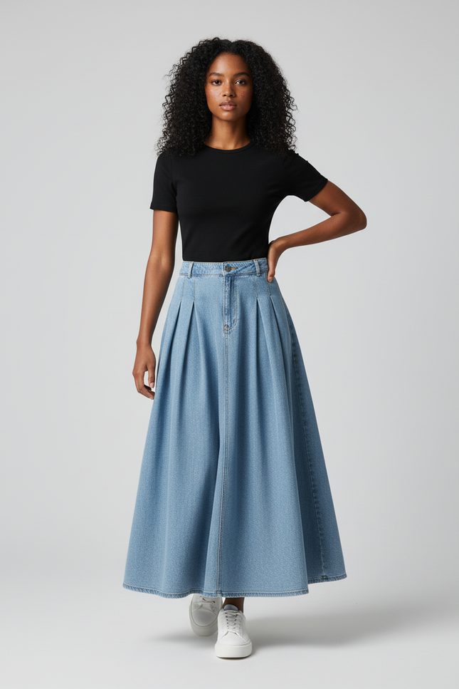 Jupe Plissée denim longue élégante