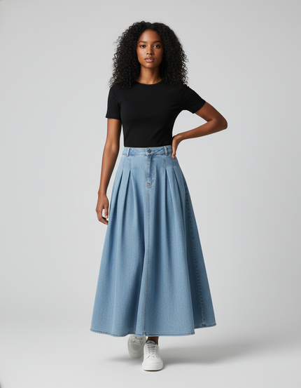 Jupe Plissée denim longue élégante