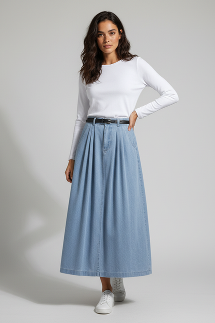Jupe Plissée denim clair taille haute décontractée