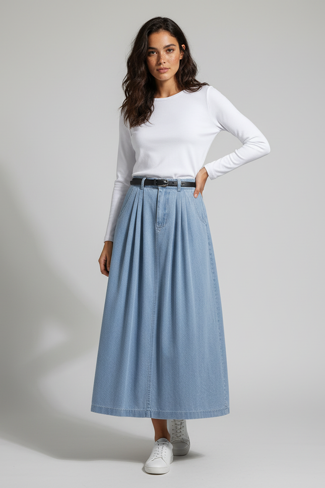 Jupe Plissée denim clair taille haute décontractée