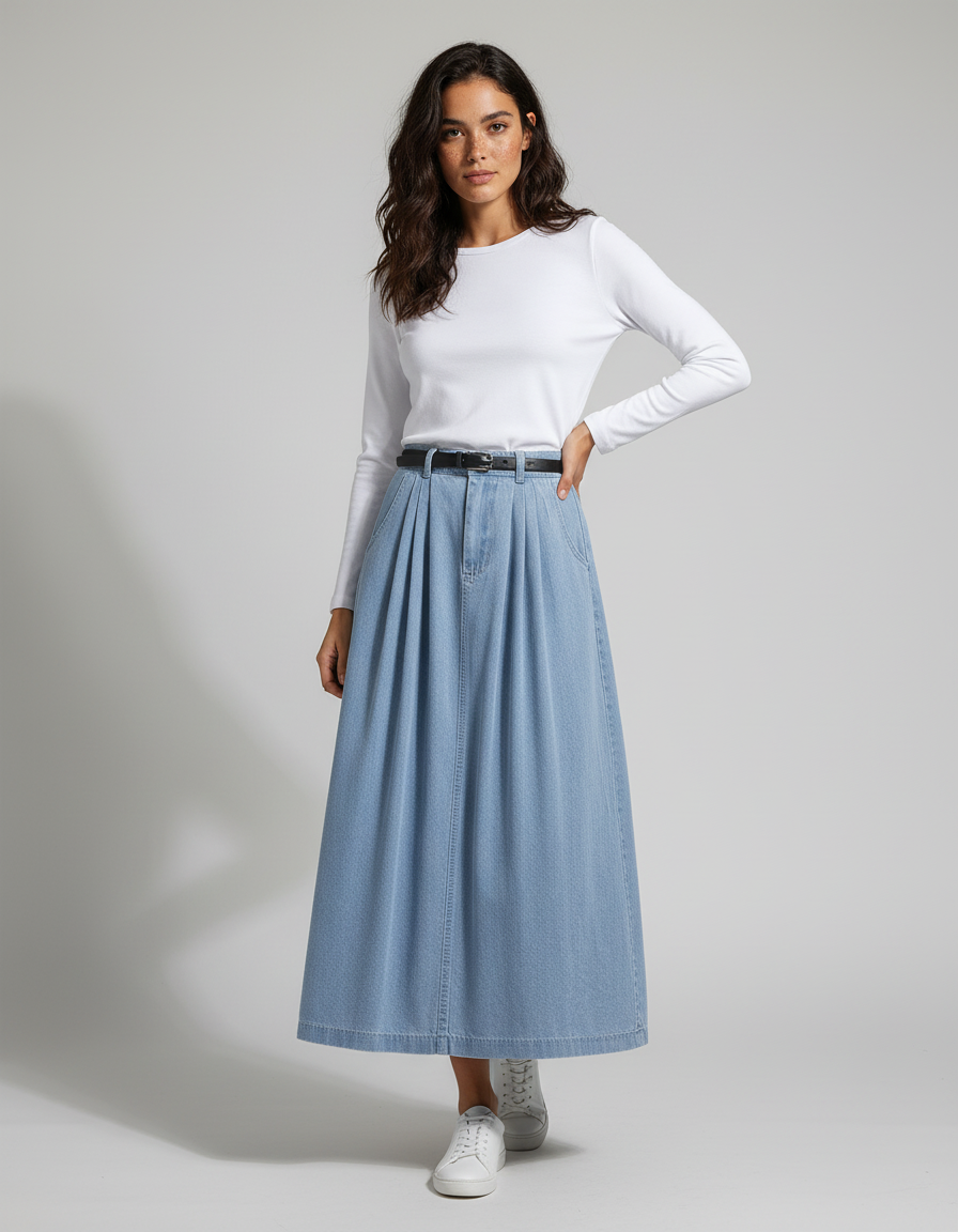 Jupe Plissée denim clair taille haute décontractée