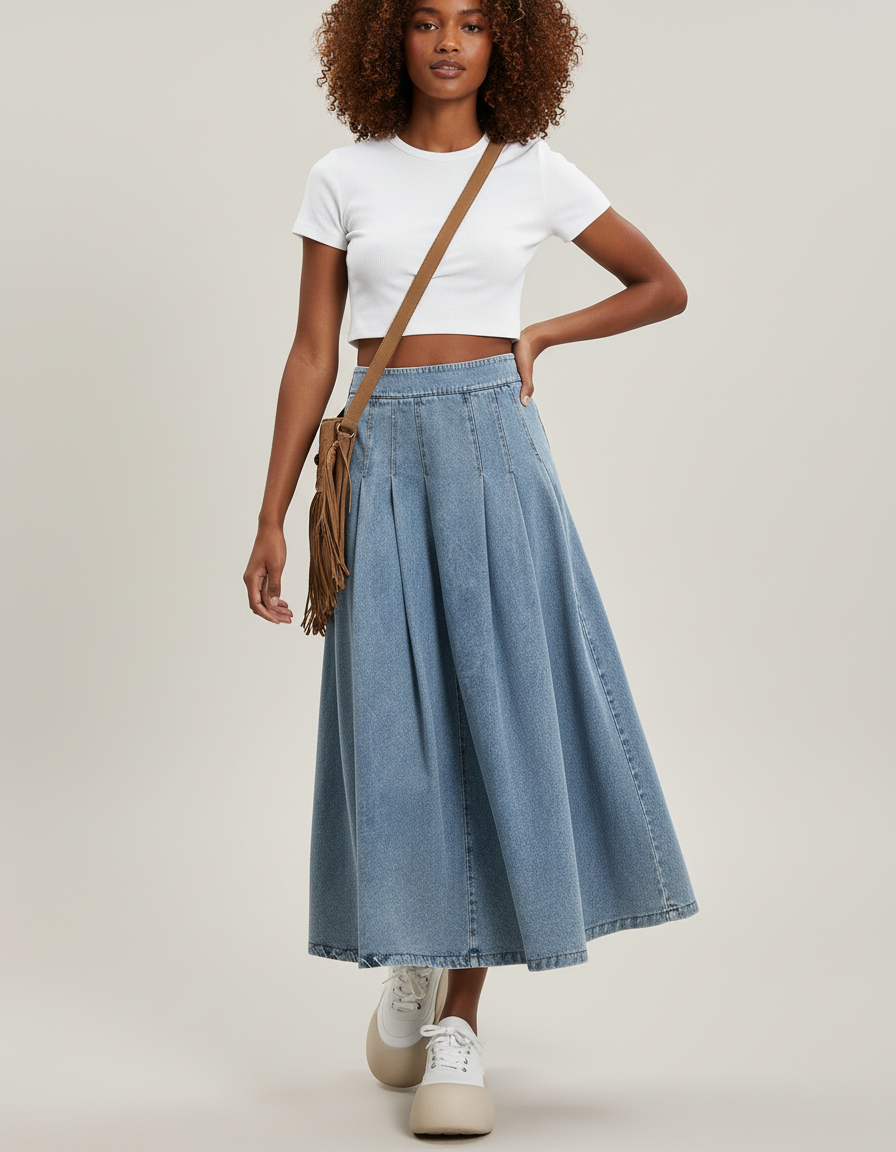 Jupe Plissée denim bleu clair fluide