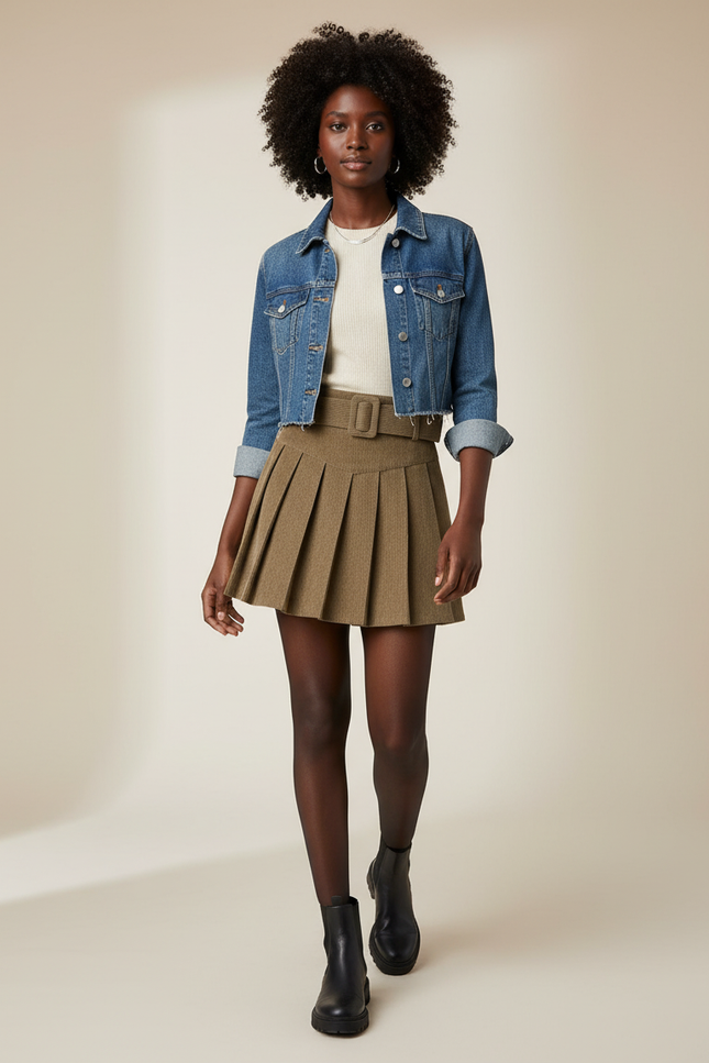 Jupe Plissée kaki ceinturée chic