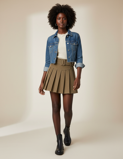 Jupe Plissée kaki ceinturée chic