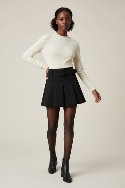 Jupe Plissée noire taille haute chic originale distinctive