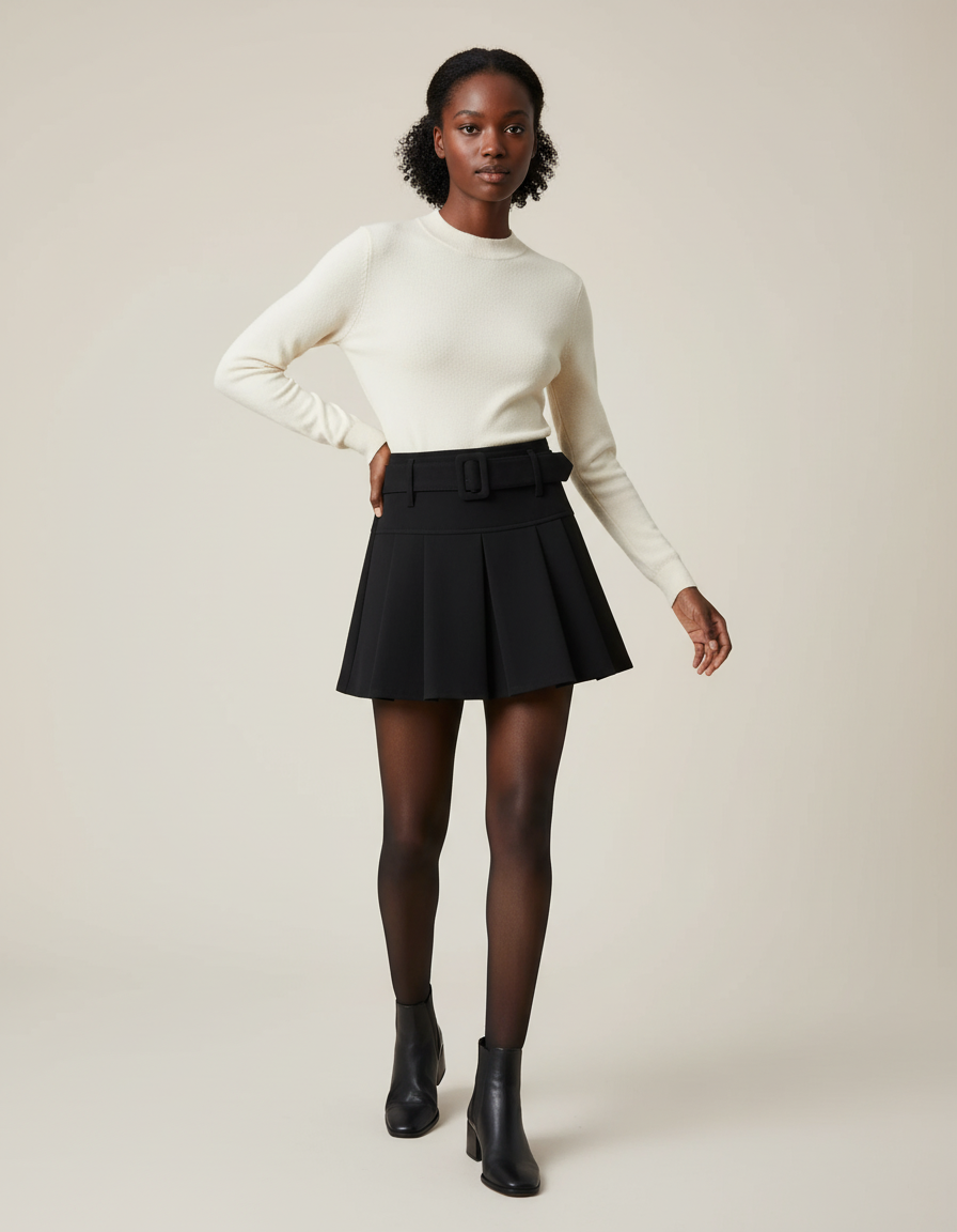 Jupe Plissée noire taille haute chic originale distinctive