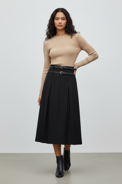 Jupe Plissée Noire Taille Haute Élégante stylée