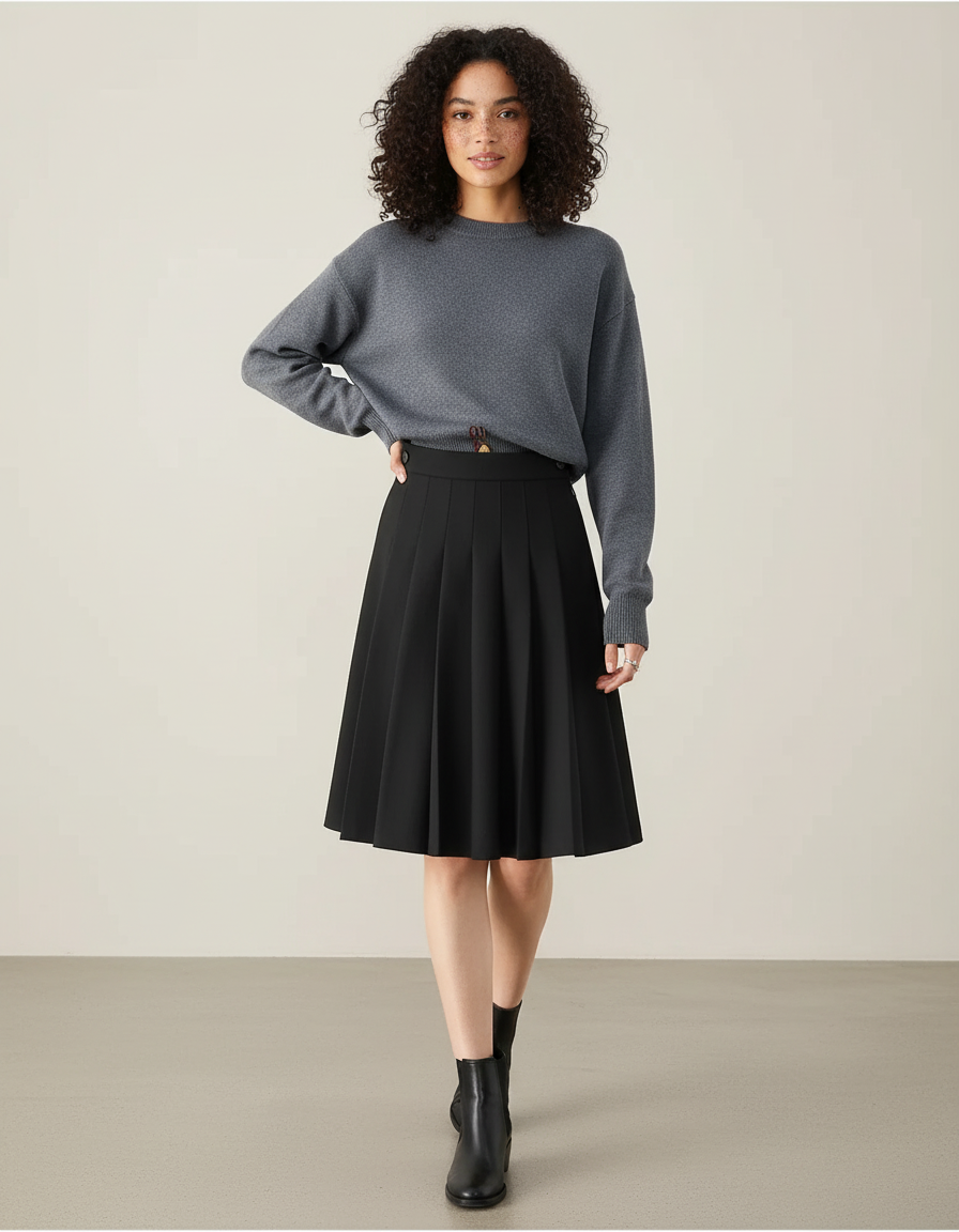 Jupe Plissée Noire Midi Chic dynamique