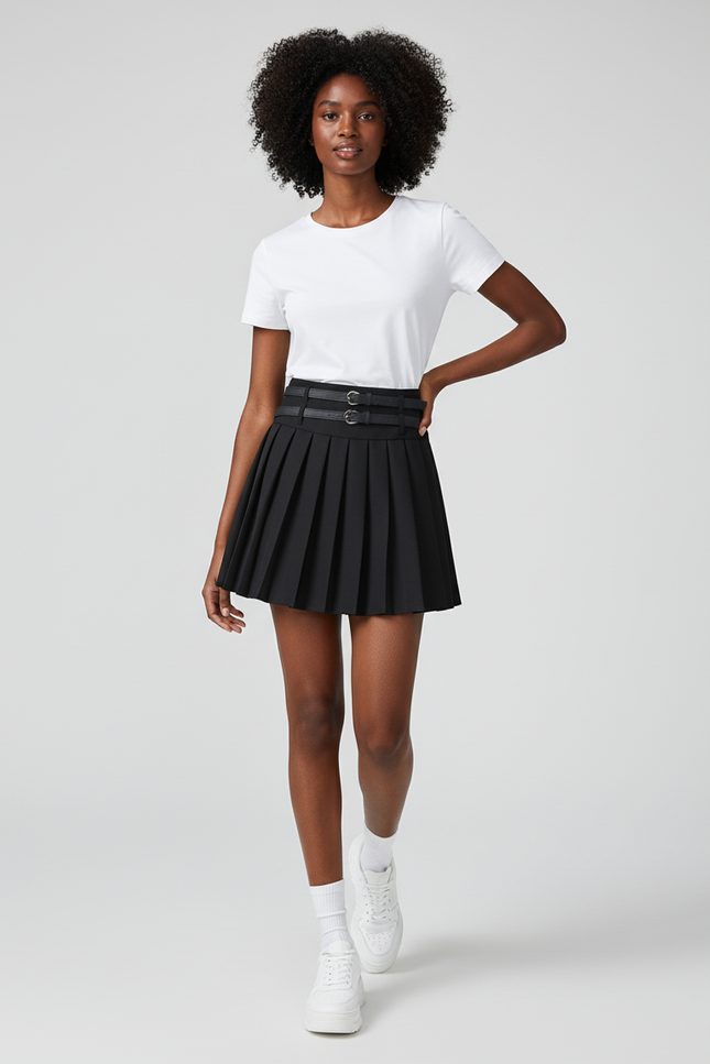 Jupe Plissée noire double ceinture sport