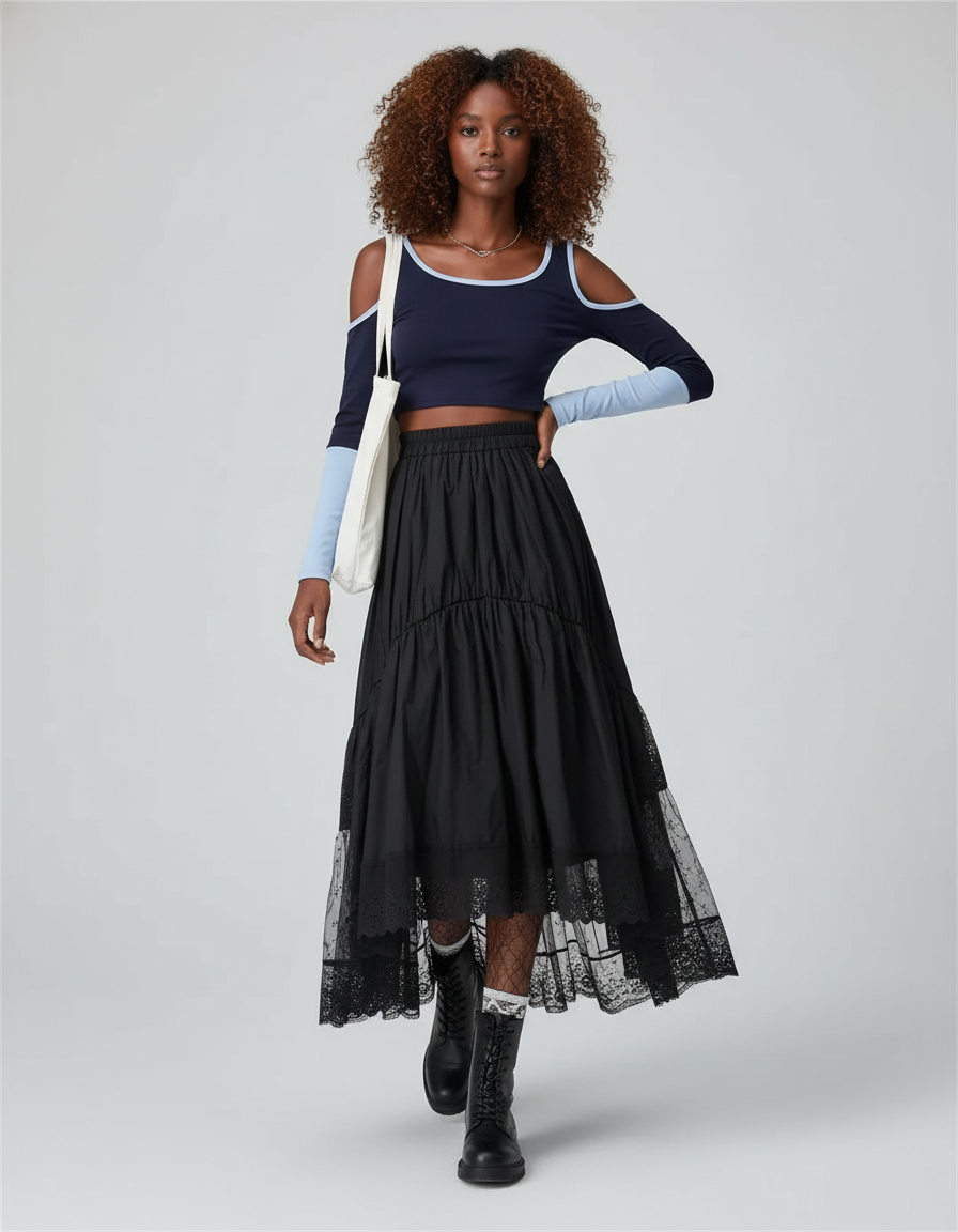 Jupe Plissée noire dentelle fluide